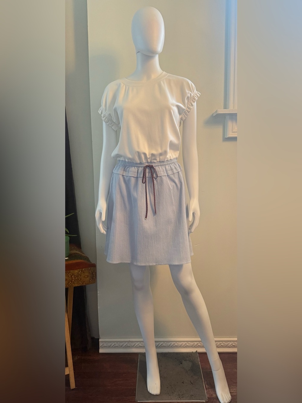 Tommy Hilfiger Pale Blue Midi Dress with White Blouse and Drawstring Waist